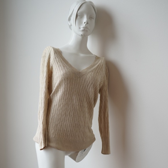 JCREW Linen 3/4 Sleeve Cable Knit V-Neck Sweater in Tan - Size Medium - Picture 1 of 6